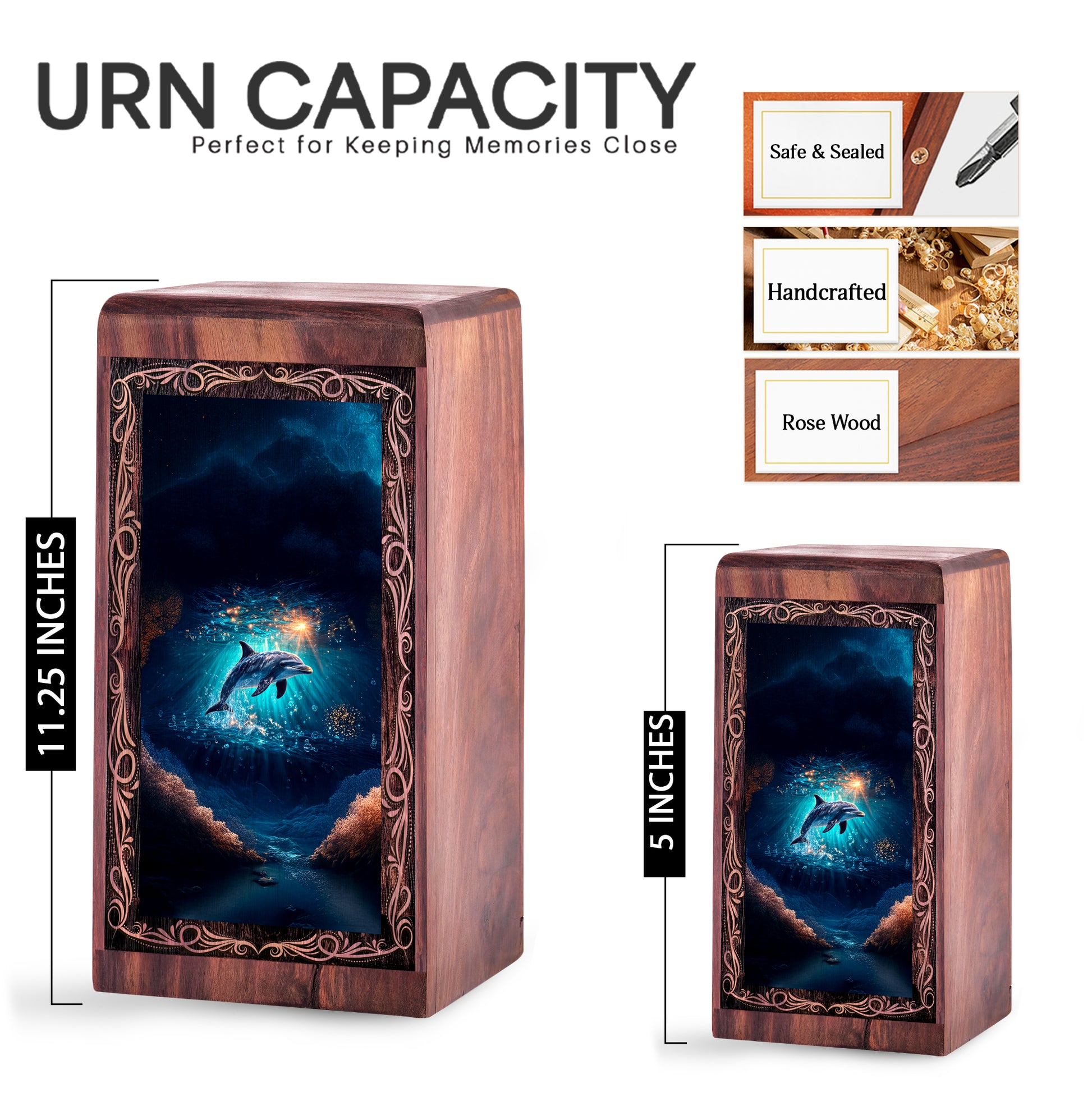 Dolphin Large Wood Memorial Box - Sun light Underwater Theme Wooden Box
