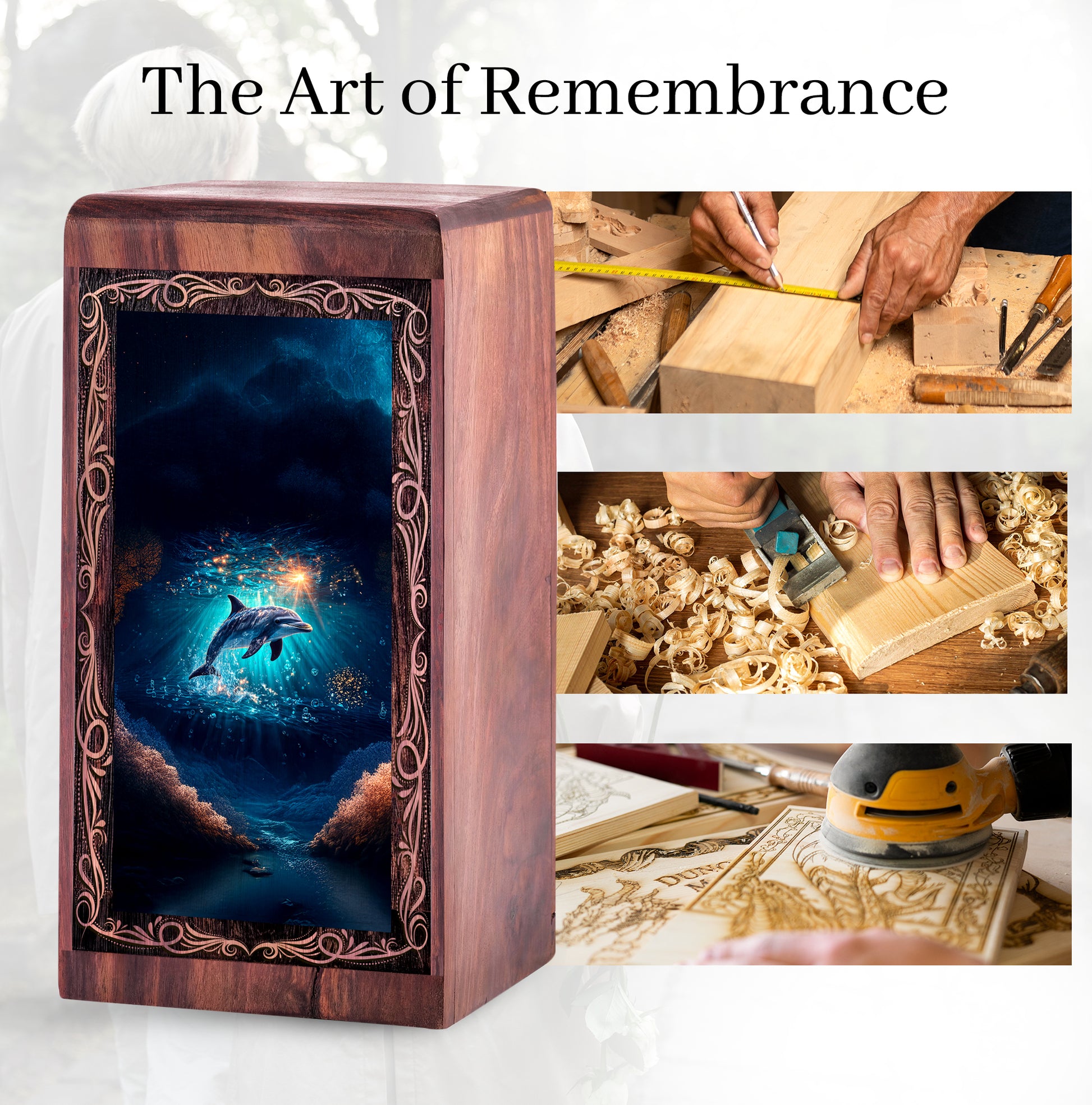 Dolphin Large Wood Memorial Box - Sun light Underwater Theme Wooden Box