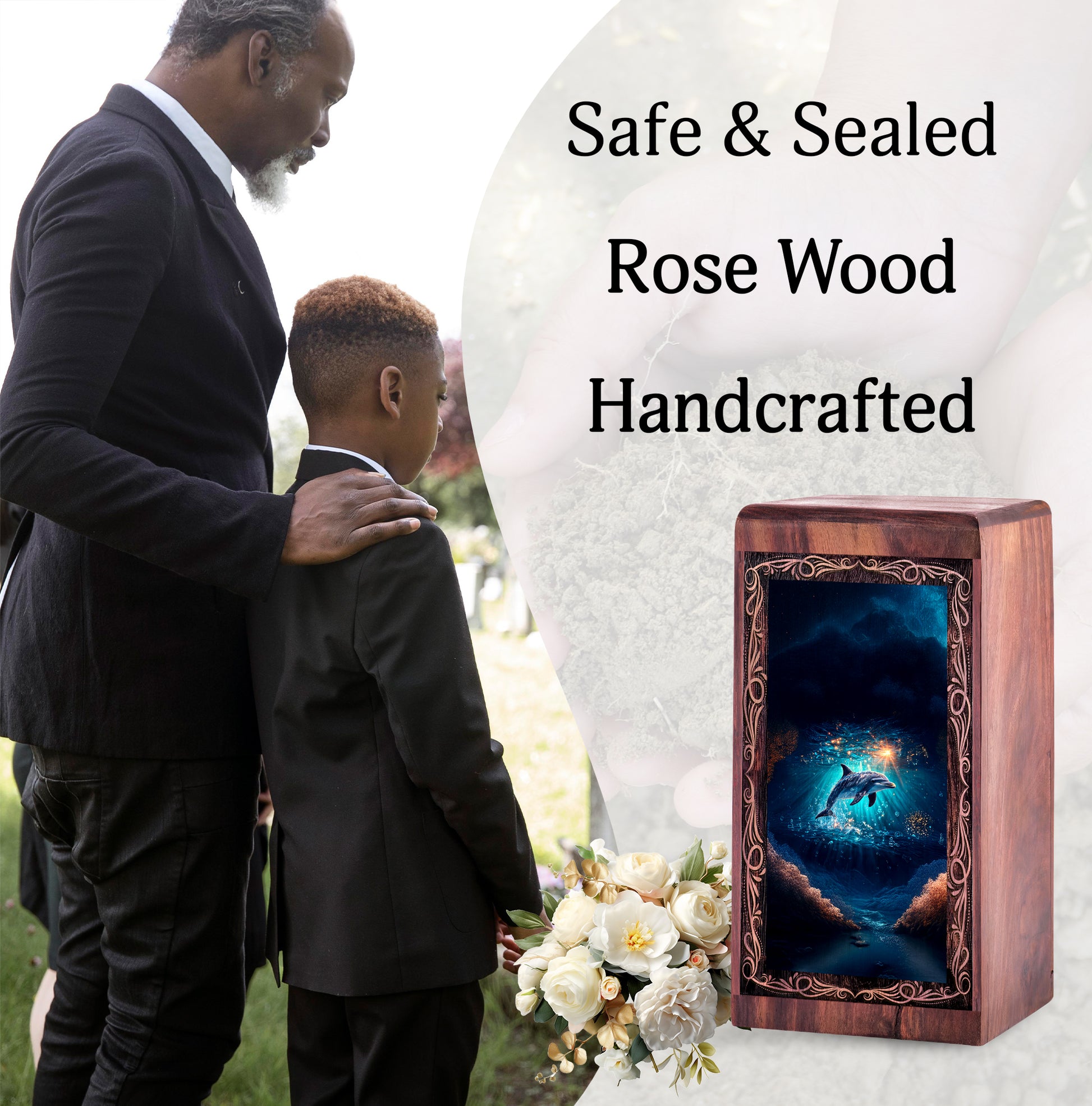 Dolphin Large Wood Memorial Box - Sun light Underwater Theme Wooden Box