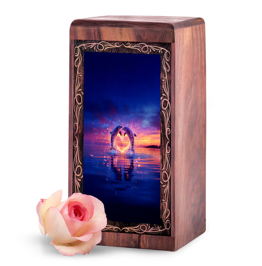 Romantic Heart Glow Dolphin Theme Urn - Memorial Cremation Urn Box For Ashes