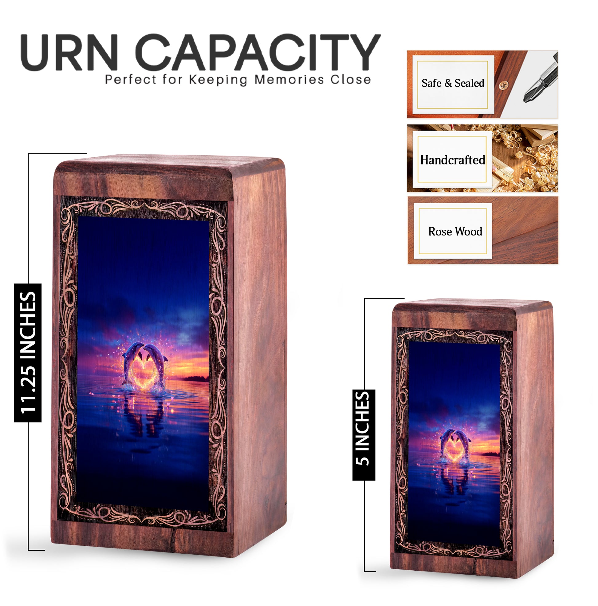 Romantic Heart Glow Dolphin Theme Urn - Memorial Cremation Urn Box For Ashes
