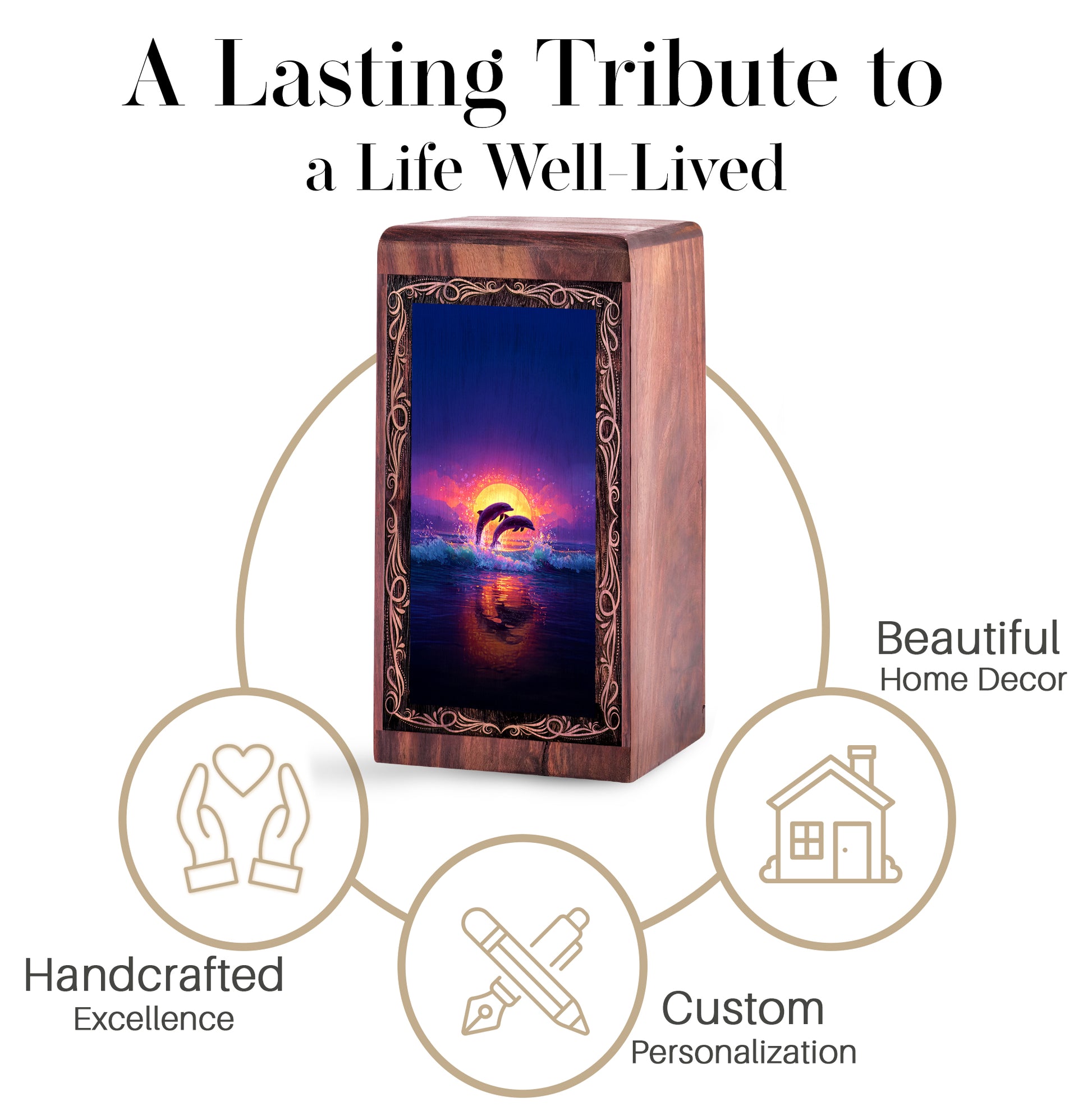 Classic Moonlit Ocean Theme Urn Box - Memorial Wooden Keepsake Cremation Urns