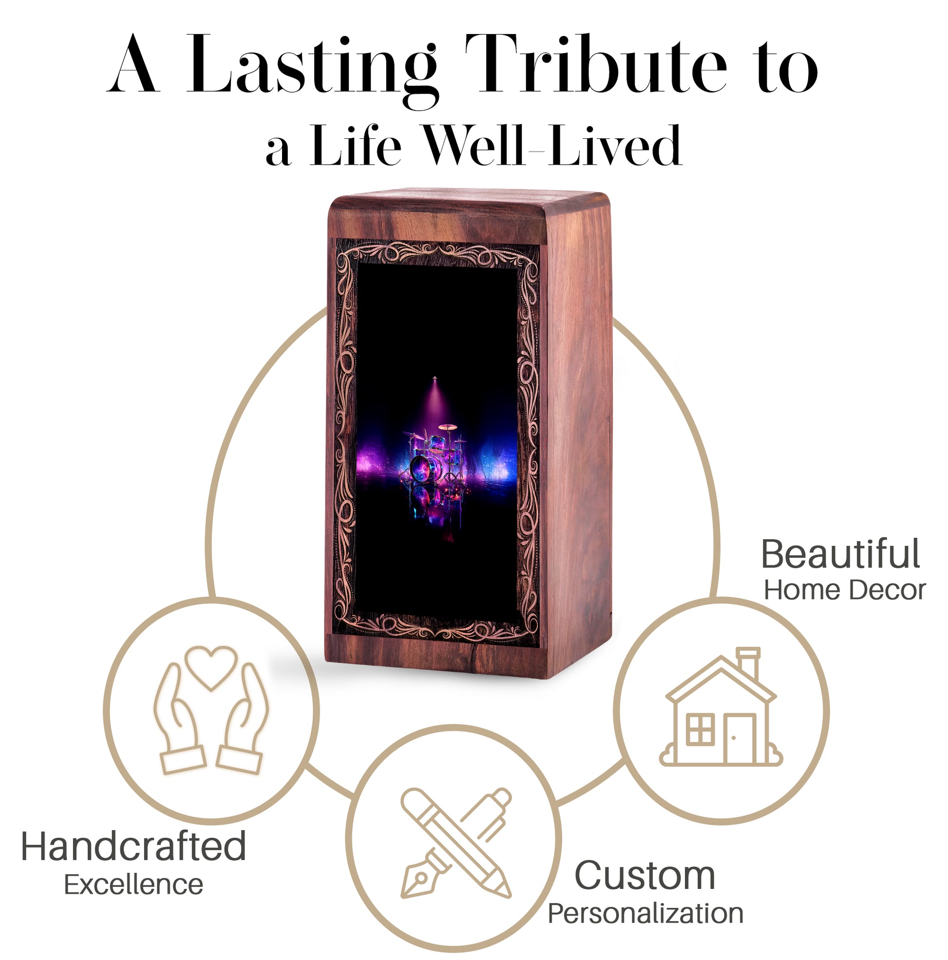 Music Tribute Memorial Urn Box - Drum Theme Ashes Urn For Adults Male