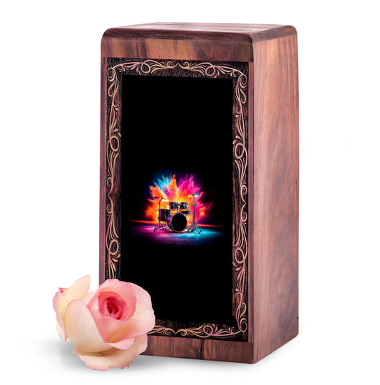 Colorful Drum Theme Funeral Urn - Neon Drum Handmade Wooden Urn For Burial