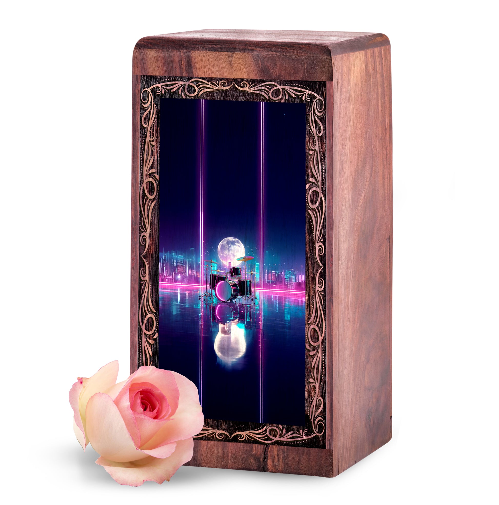 Wooden Drum Keepsake Cremation Urns – Neon City Theme Funeral Urn For Male