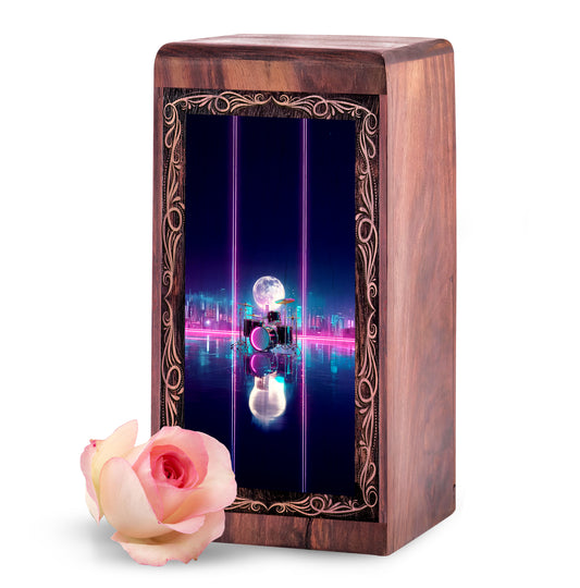 Wooden Drum Keepsake Cremation Urns – Neon City Theme Funeral Urn For Male