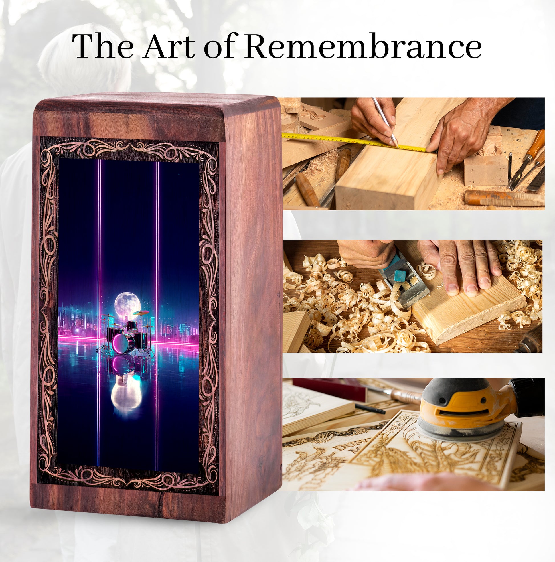 Wooden Drum Keepsake Cremation Urns – Neon City Theme Funeral Urn For Male