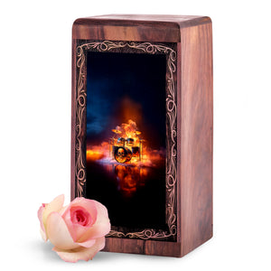Fire Skull Drum Theme Cremation Wooden Urn - Funeral Urn Box For Human Ashes Adult