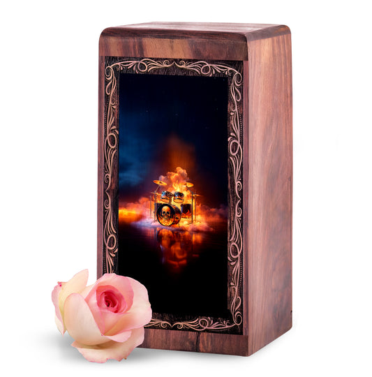 Fire Skull Drum Theme Cremation Wooden Urn - Funeral Urn Box For Human Ashes Adult