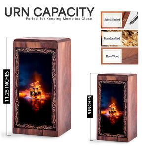 Fire Skull Drum Theme Cremation Wooden Urn - Funeral Urn Box For Human Ashes Adult