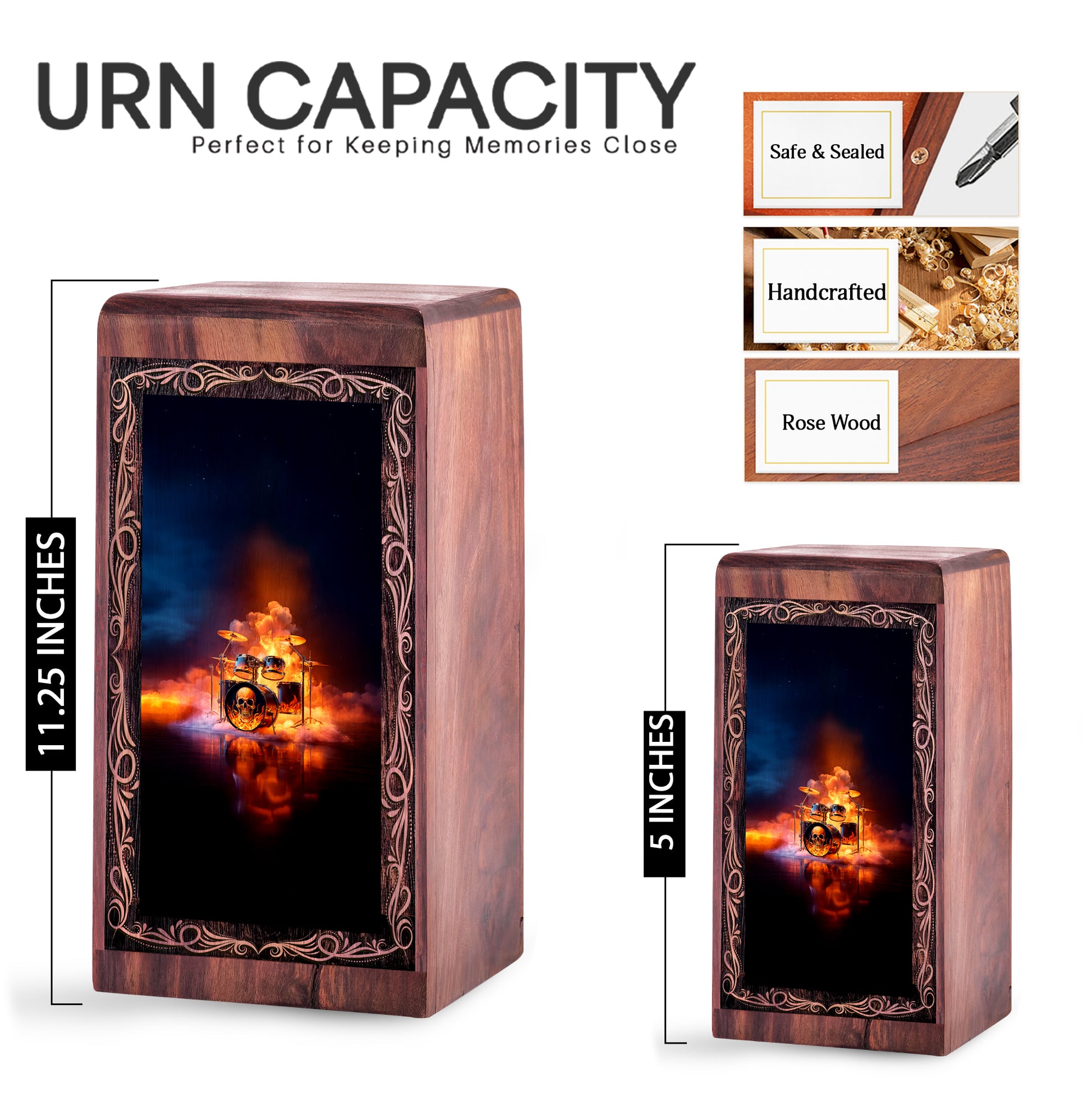 Fire Skull Drum Theme Cremation Wooden Urn - Funeral Urn Box For Human Ashes Adult