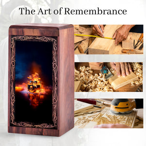 Fire Skull Drum Theme Cremation Wooden Urn - Funeral Urn Box For Human Ashes Adult