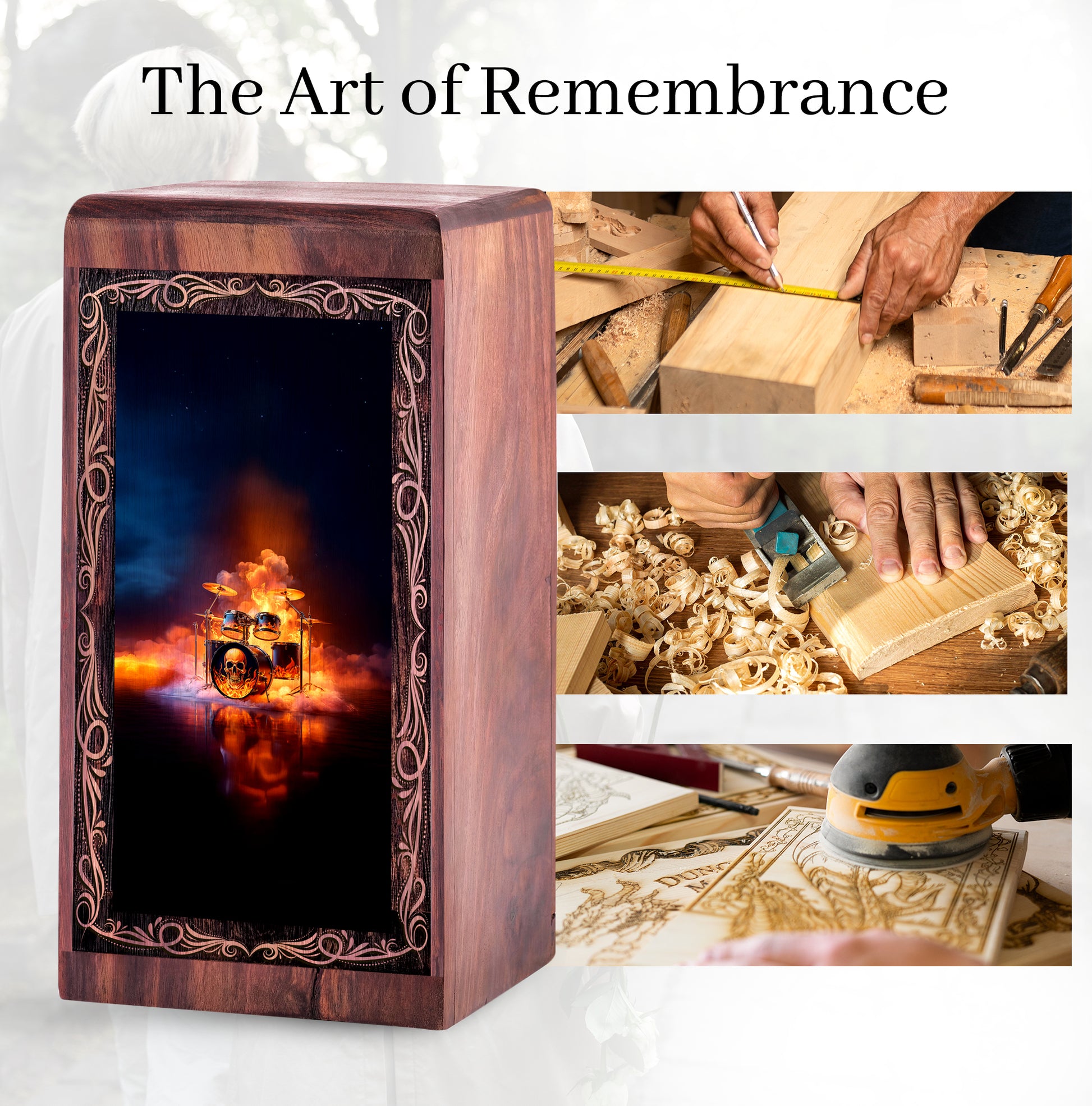Fire Skull Drum Theme Cremation Wooden Urn - Funeral Urn Box For Human Ashes Adult