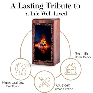 Fire Skull Drum Theme Cremation Wooden Urn - Funeral Urn Box For Human Ashes Adult