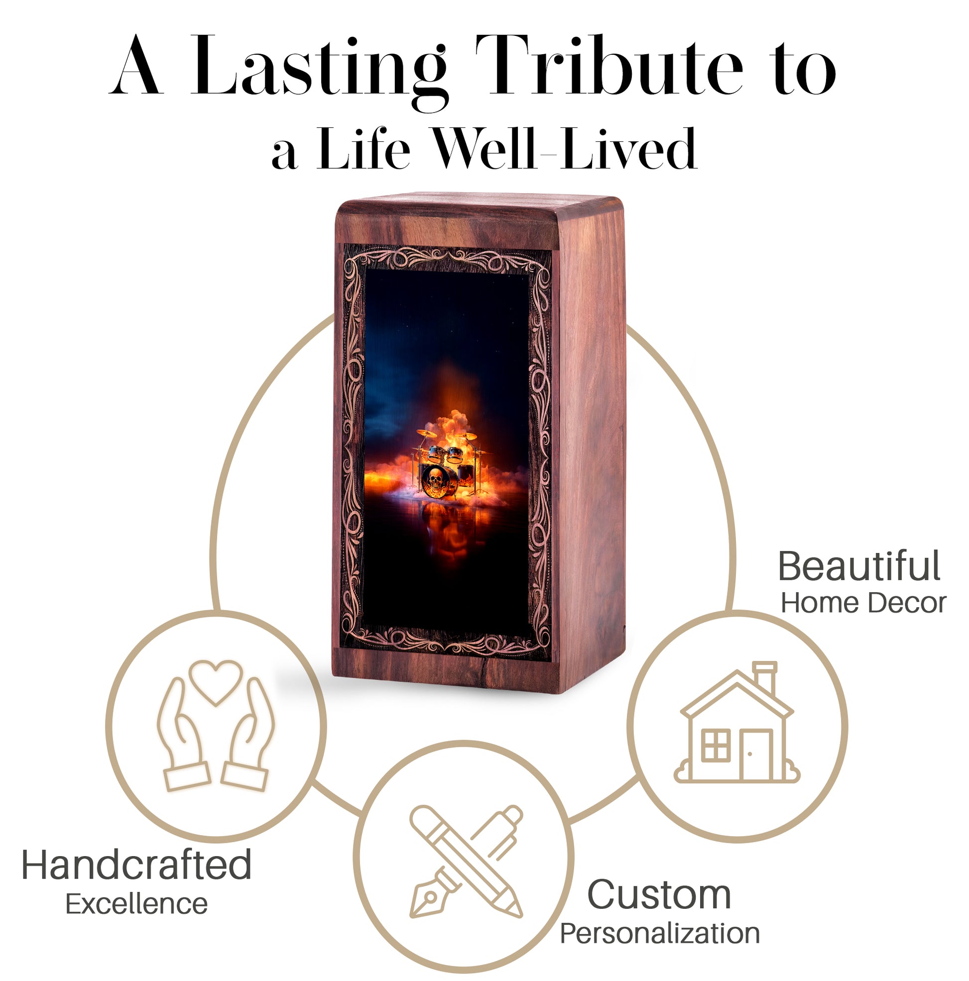 Fire Skull Drum Theme Cremation Wooden Urn - Funeral Urn Box For Human Ashes Adult