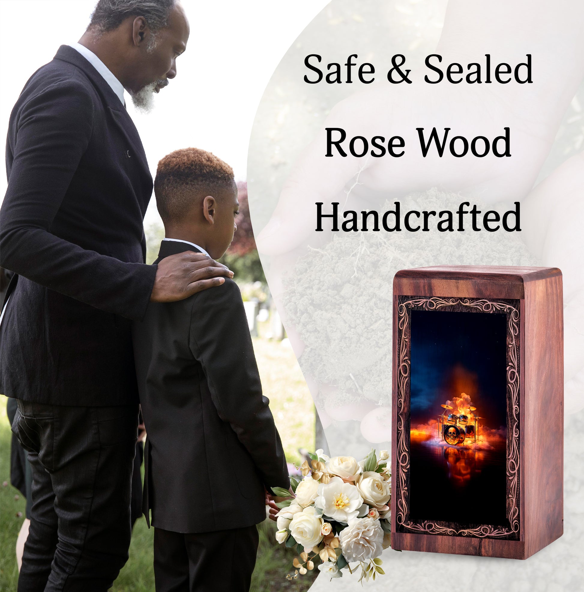 Fire Skull Drum Theme Cremation Wooden Urn - Funeral Urn Box For Human Ashes Adult