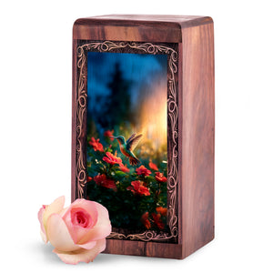 Hummingbird Urn For Ashes - Blooming Garden Theme Wooden Cremation Urn For Dad