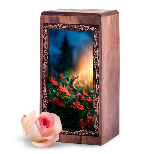 Hummingbird Urn For Ashes - Blooming Garden Theme Wooden Cremation Urn For Dad