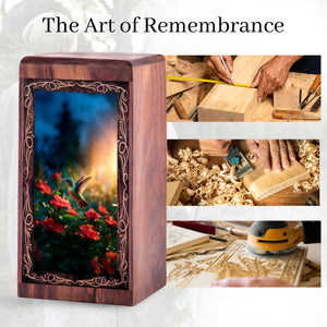 Hummingbird Urn For Ashes - Blooming Garden Theme Wooden Cremation Urn For Dad