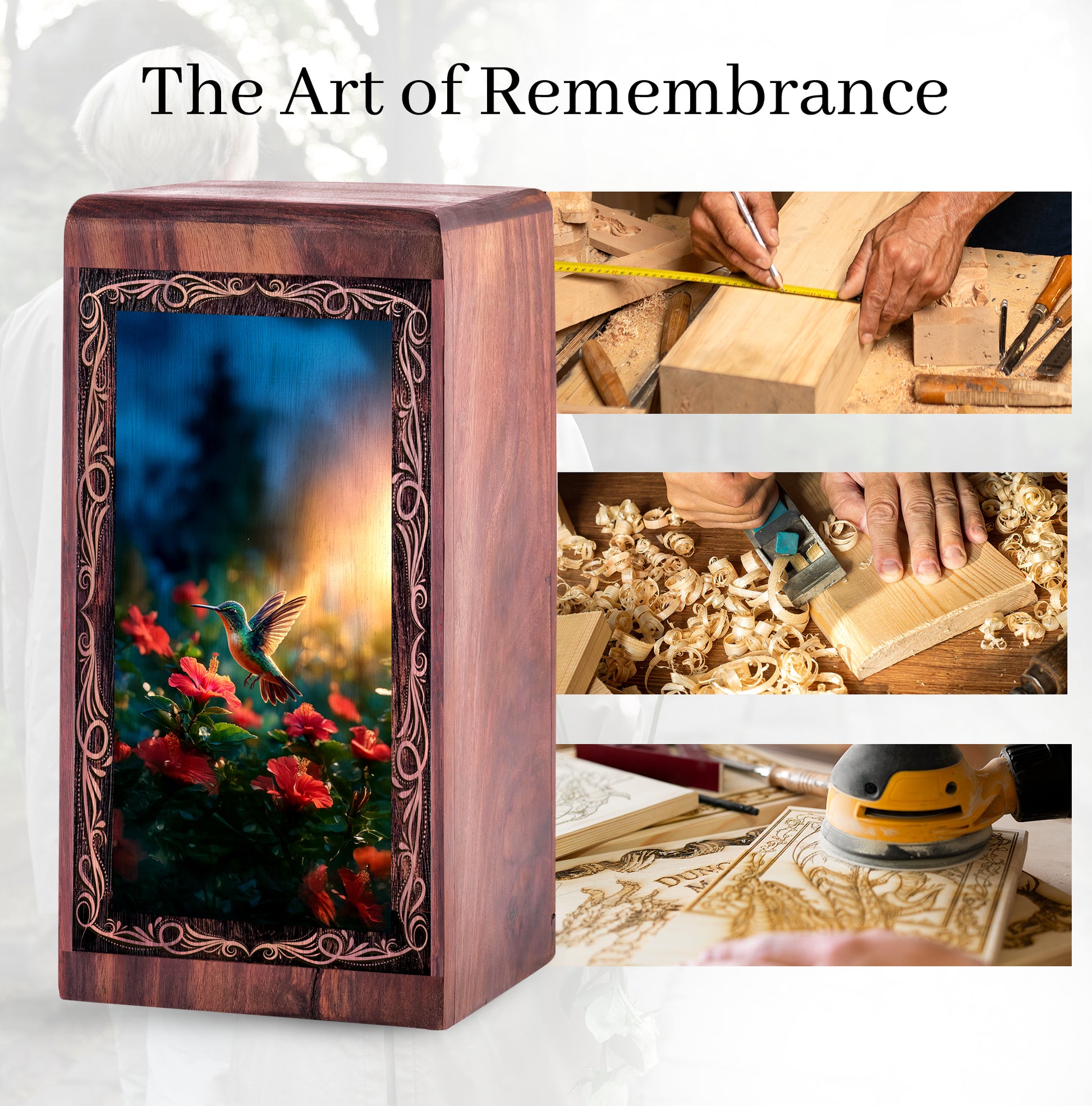 Hummingbird Urn For Ashes - Blooming Garden Theme Wooden Cremation Urn For Dad