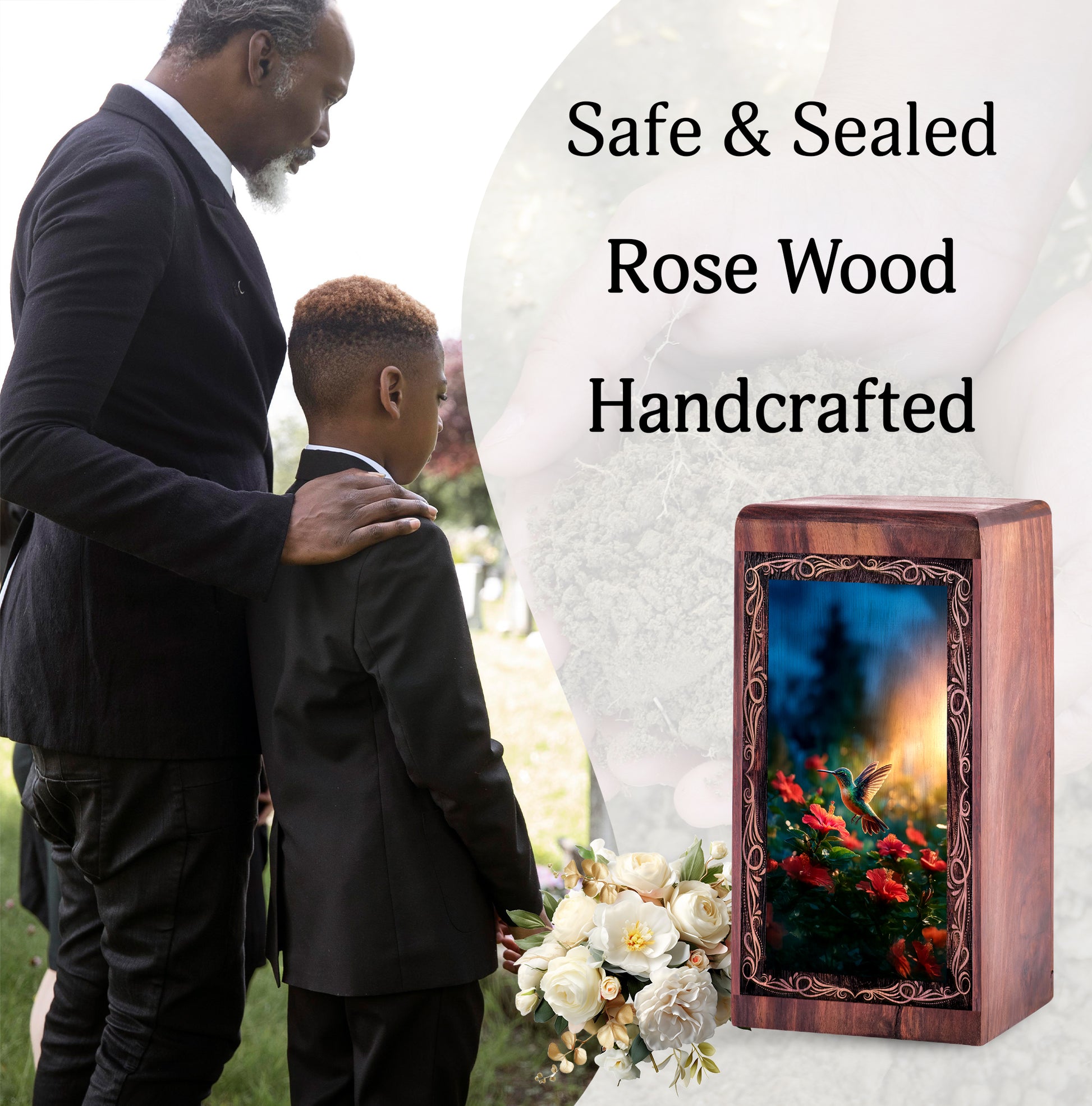 Hummingbird Urn For Ashes - Blooming Garden Theme Wooden Cremation Urn For Dad