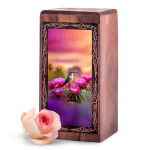 Sunset Pink Flower Theme Hummingbird Urn - Wooden Memorial Urn For Ashes
