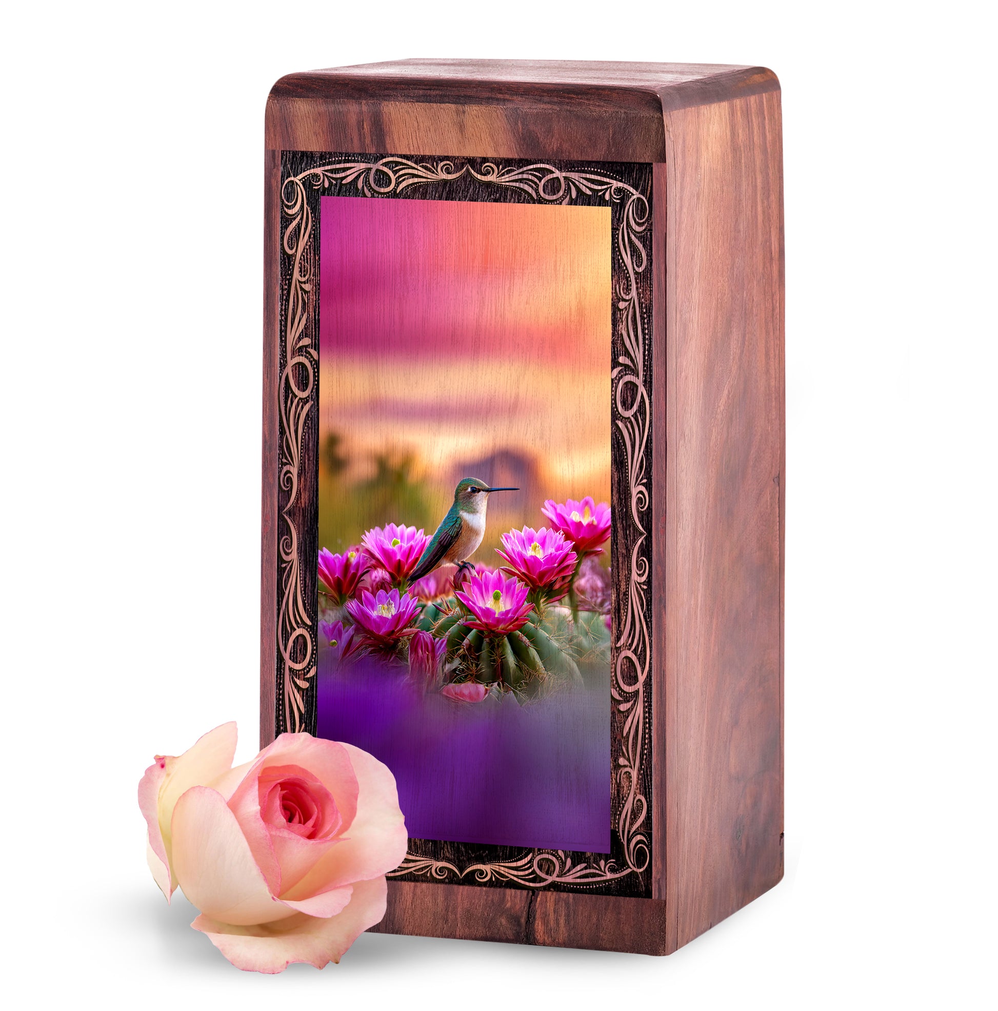 Sunset Pink Flower Theme Hummingbird Urn - Wooden Memorial Urn For Ashes