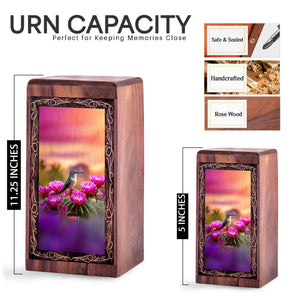 Sunset Pink Flower Theme Hummingbird Urn - Wooden Memorial Urn For Ashes