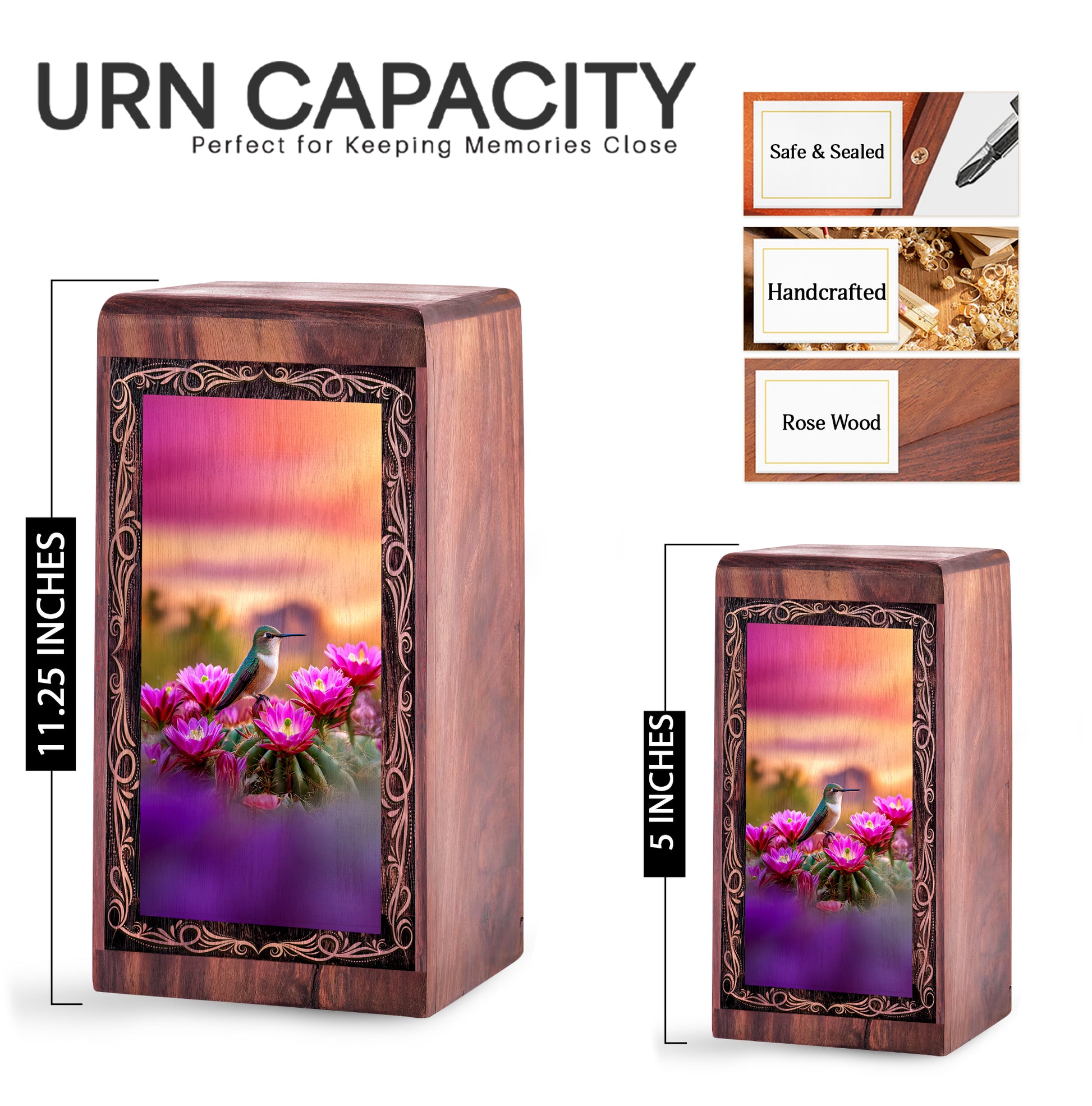Sunset Pink Flower Theme Hummingbird Urn - Wooden Memorial Urn For Ashes