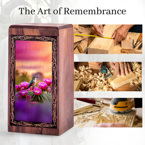 Sunset Pink Flower Theme Hummingbird Urn - Wooden Memorial Urn For Ashes