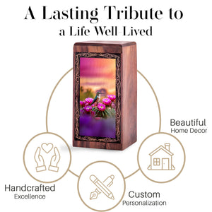 Sunset Pink Flower Theme Hummingbird Urn - Wooden Memorial Urn For Ashes