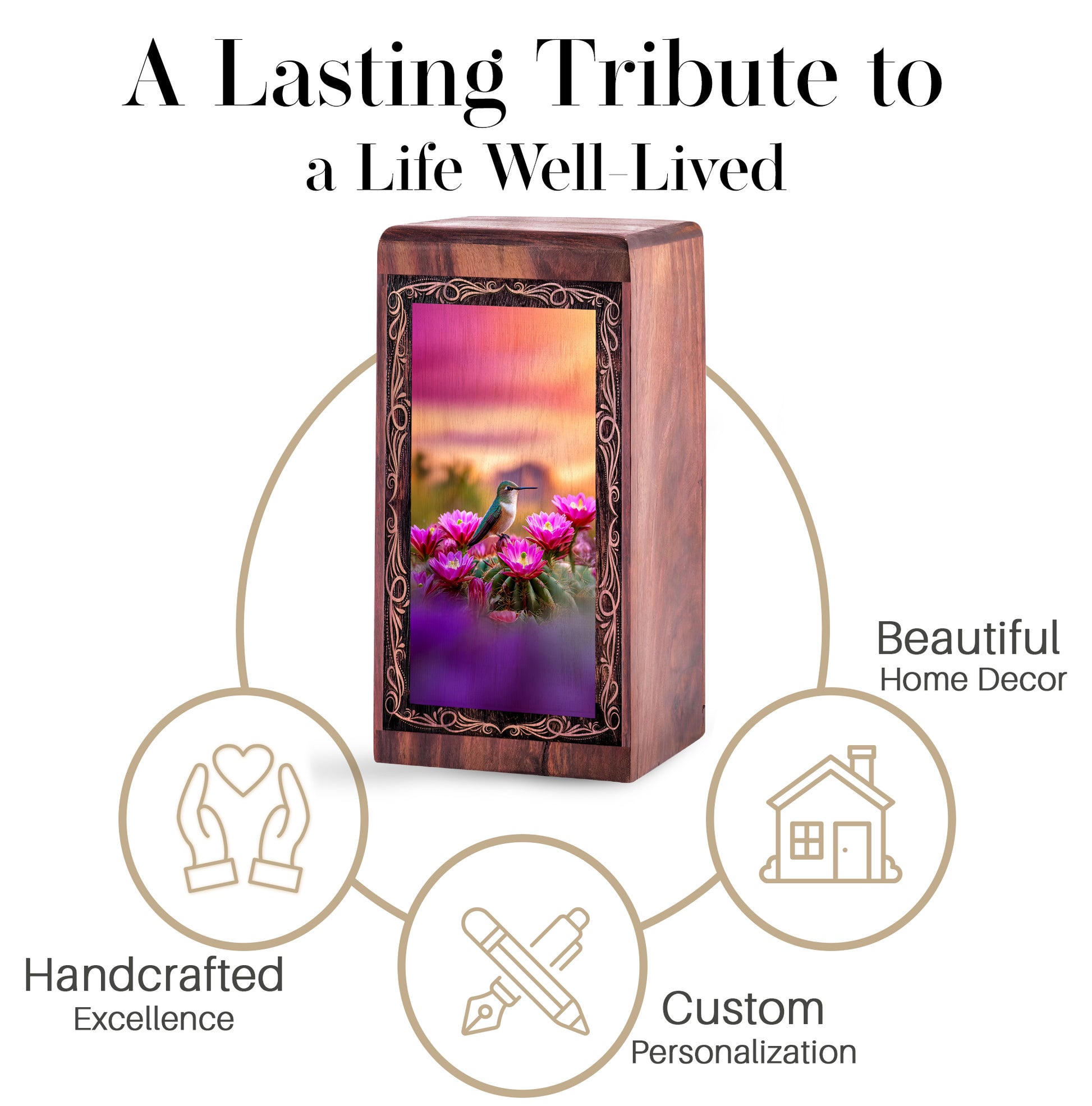 Sunset Pink Flower Theme Hummingbird Urn - Wooden Memorial Urn For Ashes