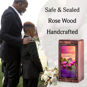 Sunset Pink Flower Theme Hummingbird Urn - Wooden Memorial Urn For Ashes