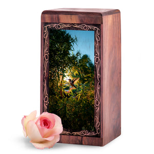 Hummingbird Funeral Wooden Box - Bamboo Garden Theme Cremation Urn For Burial