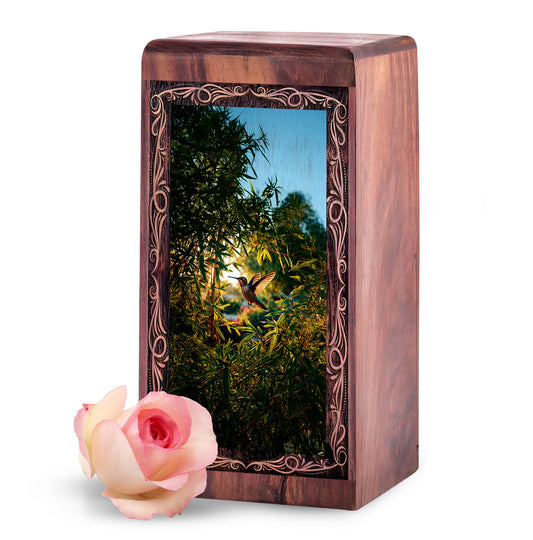 Hummingbird Funeral Wooden Box - Bamboo Garden Theme Cremation Urn For Burial