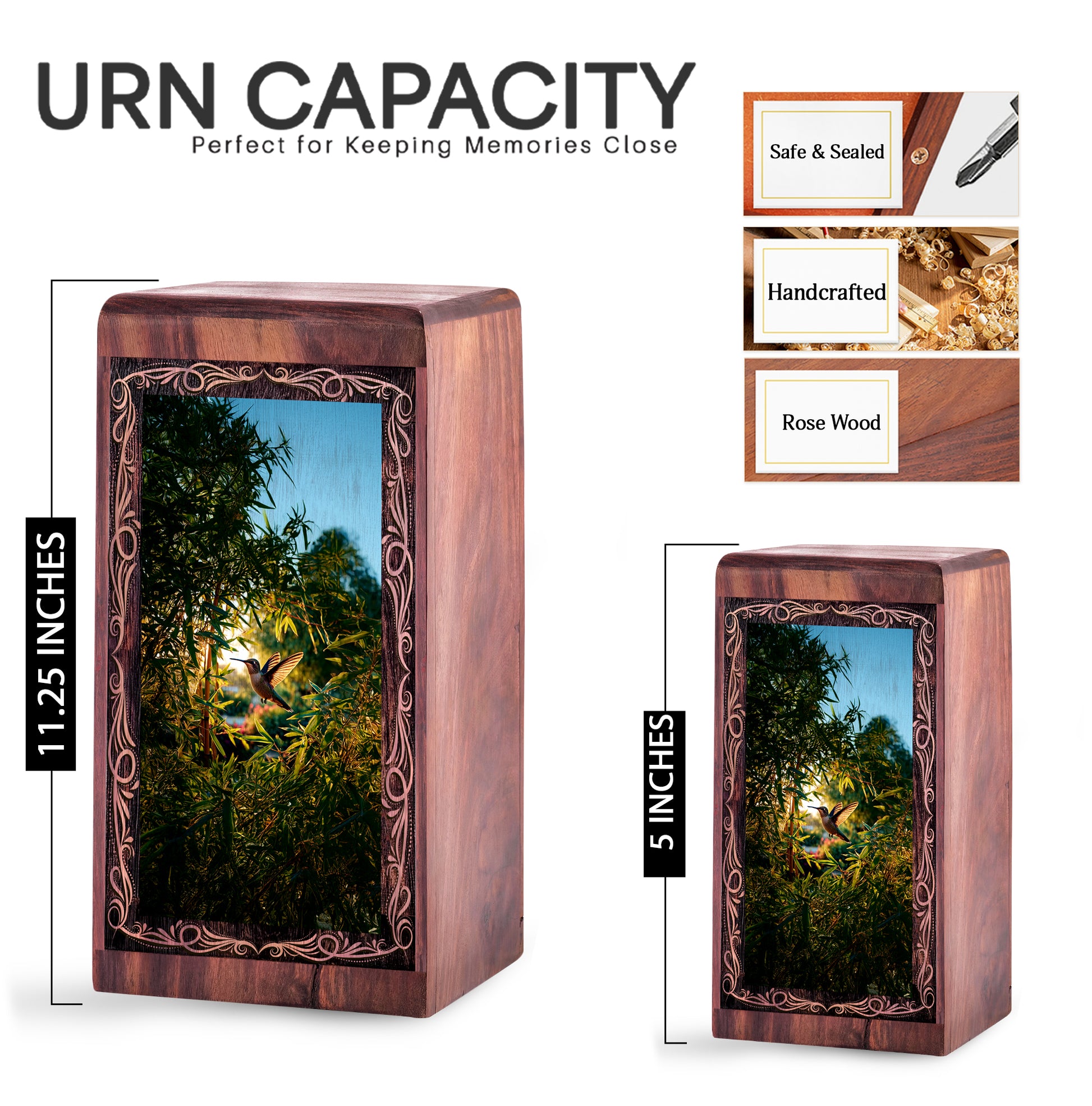 Hummingbird Funeral Wooden Box - Bamboo Garden Theme Cremation Urn For Burial