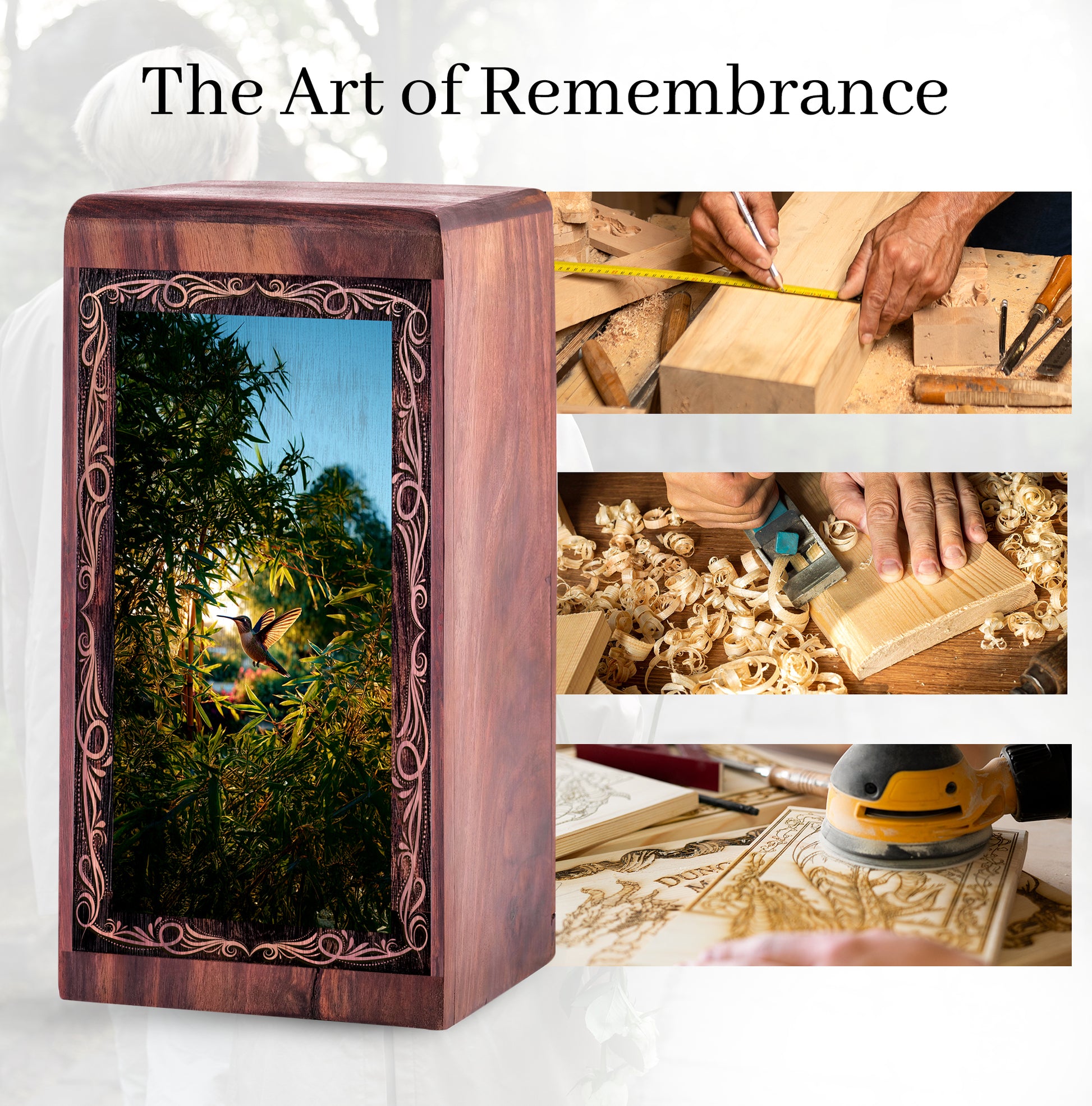 Hummingbird Funeral Wooden Box - Bamboo Garden Theme Cremation Urn For Burial