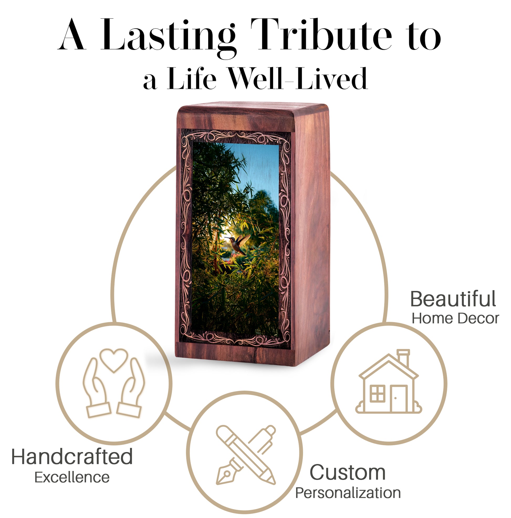Hummingbird Funeral Wooden Box - Bamboo Garden Theme Cremation Urn For Burial