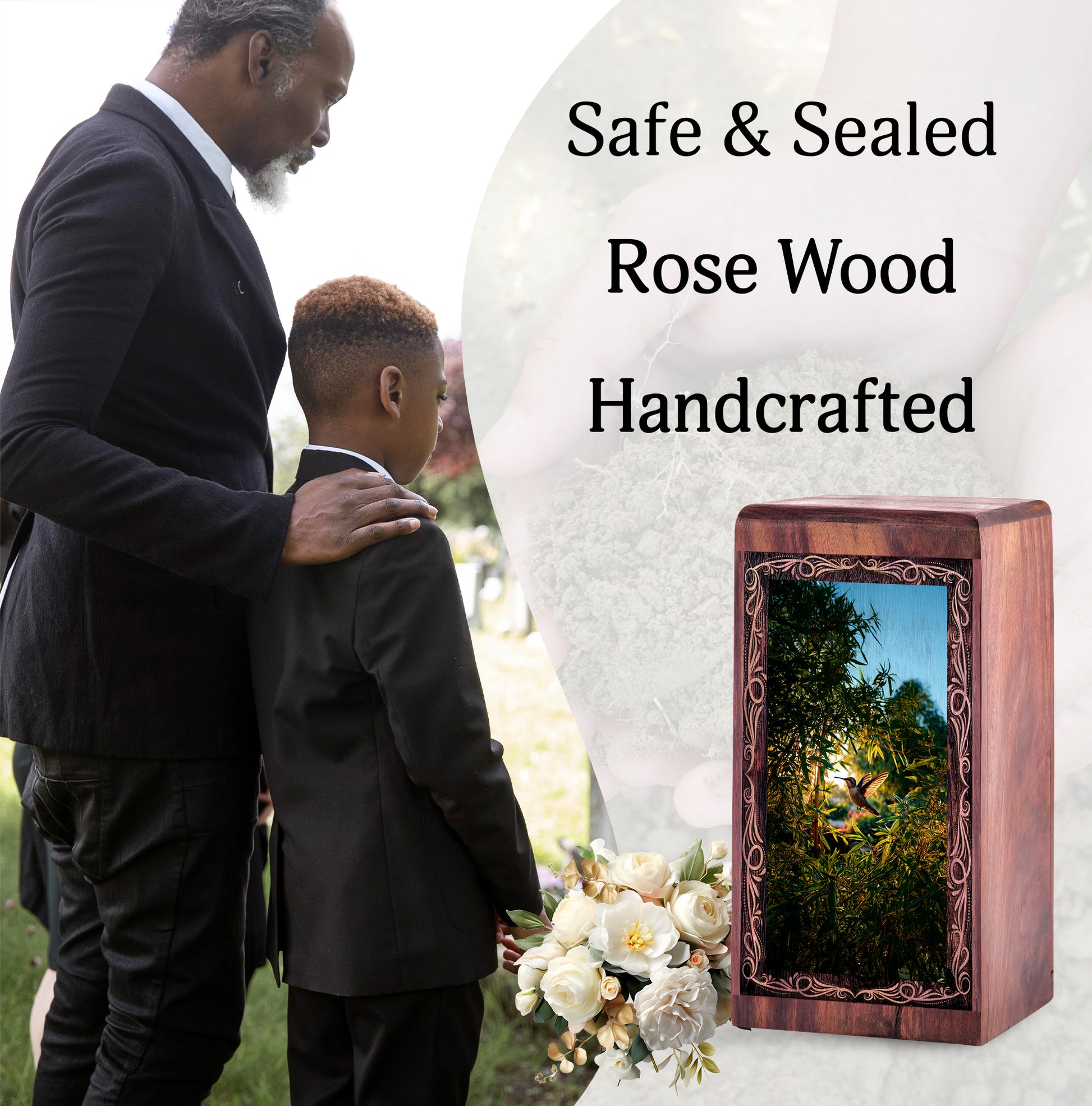 Hummingbird Funeral Wooden Box - Bamboo Garden Theme Cremation Urn For Burial