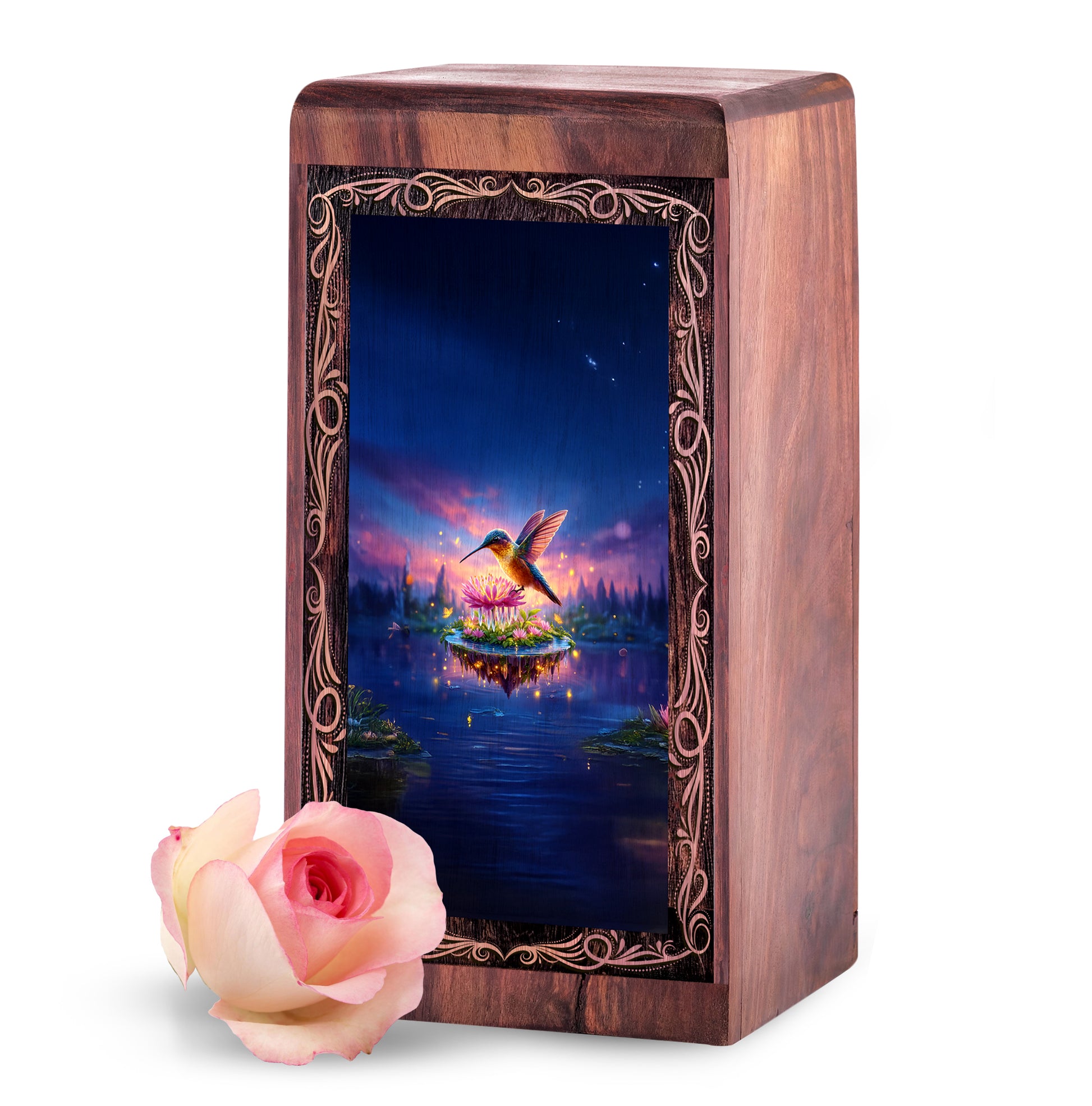 Mystic Lake Hummingbird Urn For Ashes - Decorative Wooden Box For Mom