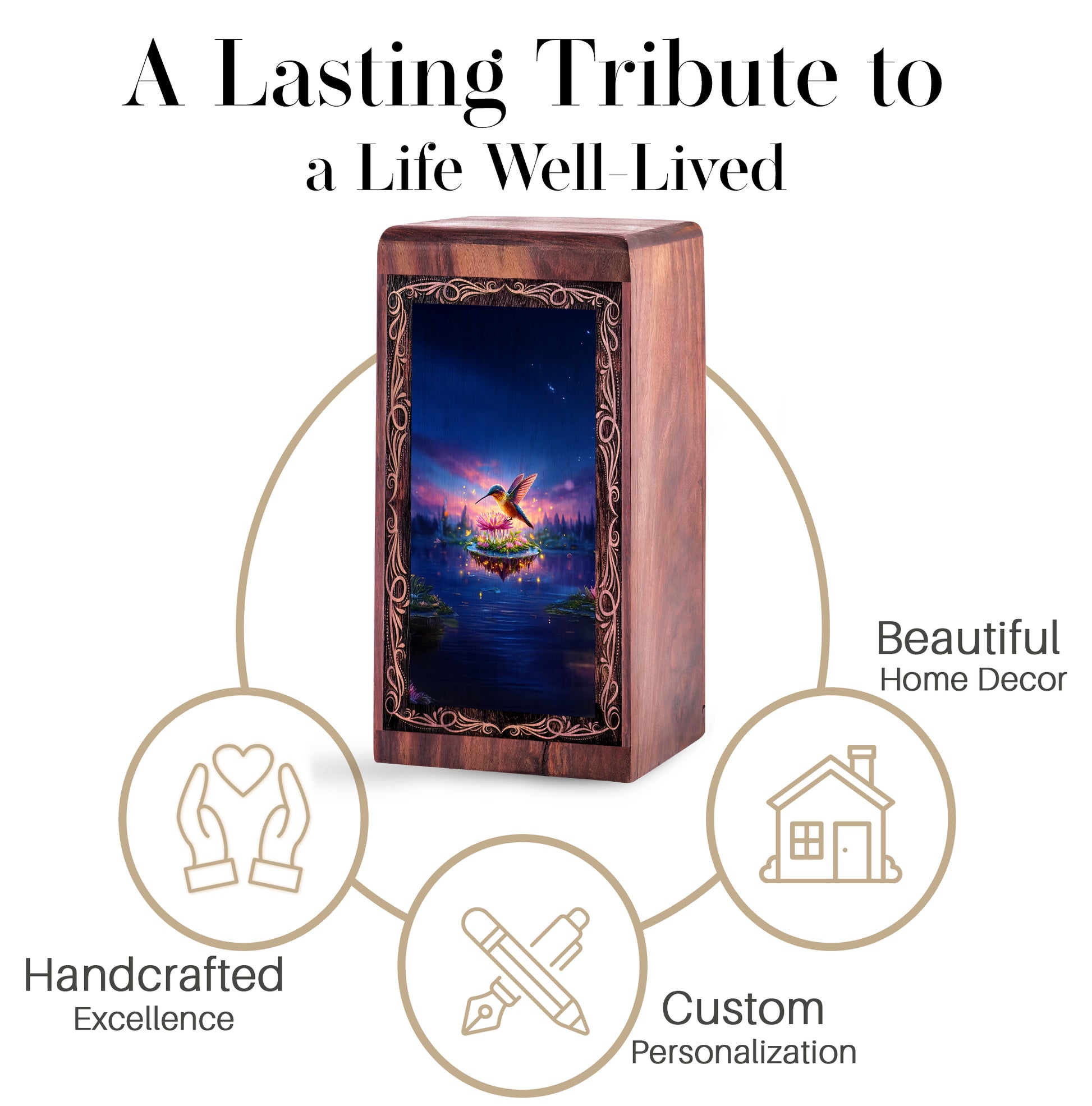 Mystic Lake Hummingbird Urn For Ashes - Decorative Wooden Box For Mom
