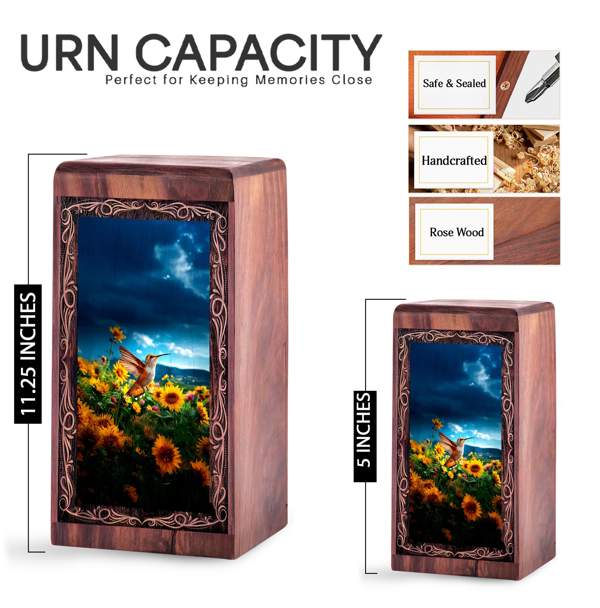 Hummingbird Memorial Urn For Human Ashes - Sunflower Nature Theme Cremation Urn