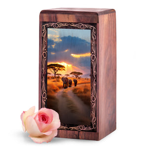 African Sunset Elephant Urn Box - Wooden Cremation Urn For Human Ashes
