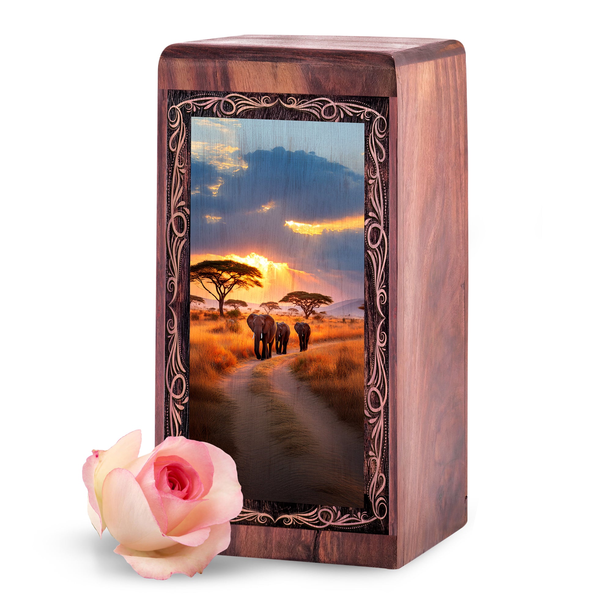 African Sunset Elephant Urn Box - Wooden Cremation Urn For Human Ashes