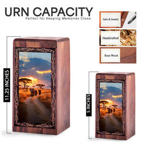 African Sunset Elephant Urn Box - Wooden Cremation Urn For Human Ashes