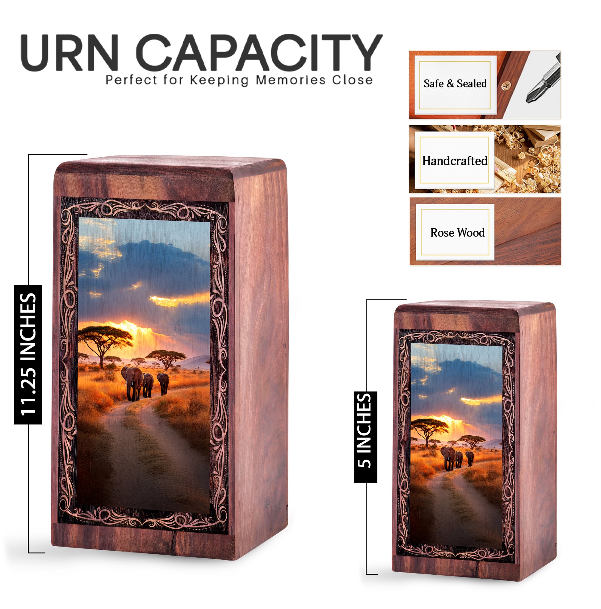 African Sunset Elephant Urn Box - Wooden Cremation Urn For Human Ashes