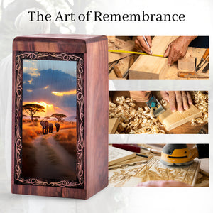 African Sunset Elephant Urn Box - Wooden Cremation Urn For Human Ashes