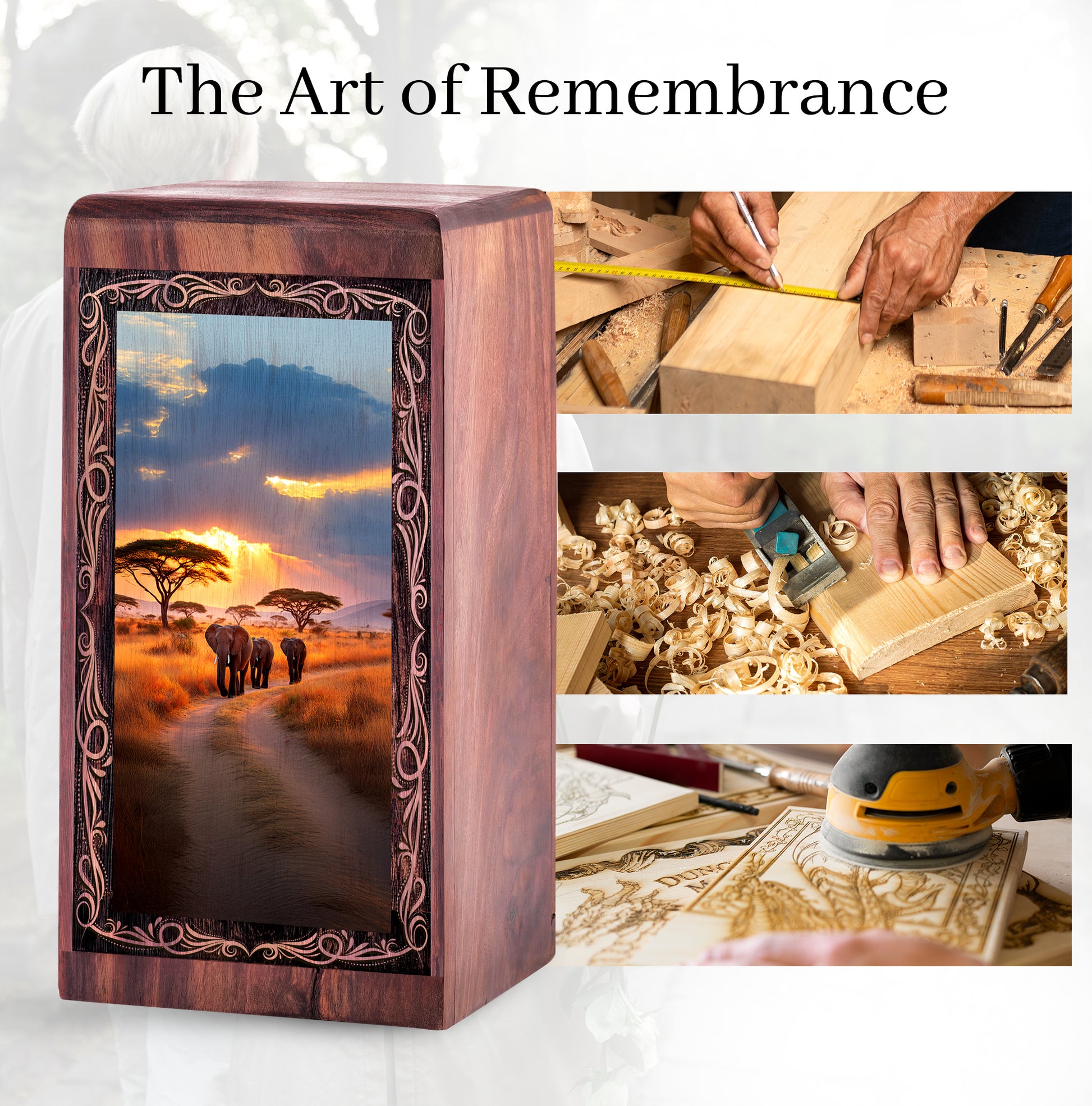 African Sunset Elephant Urn Box - Wooden Cremation Urn For Human Ashes