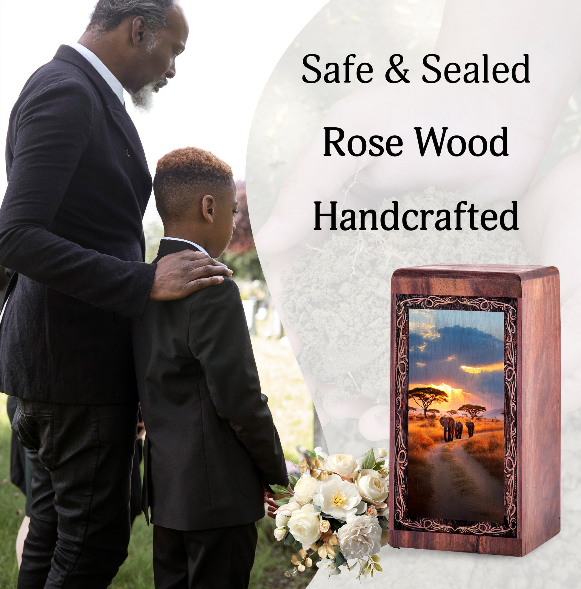 African Sunset Elephant Urn Box - Wooden Cremation Urn For Human Ashes