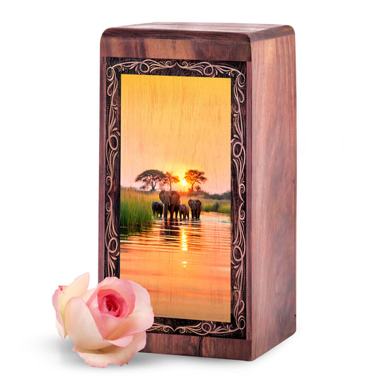 Sunset Water Elephant Theme Cremation Urn Box - Funeral Cremation Urn For Burial